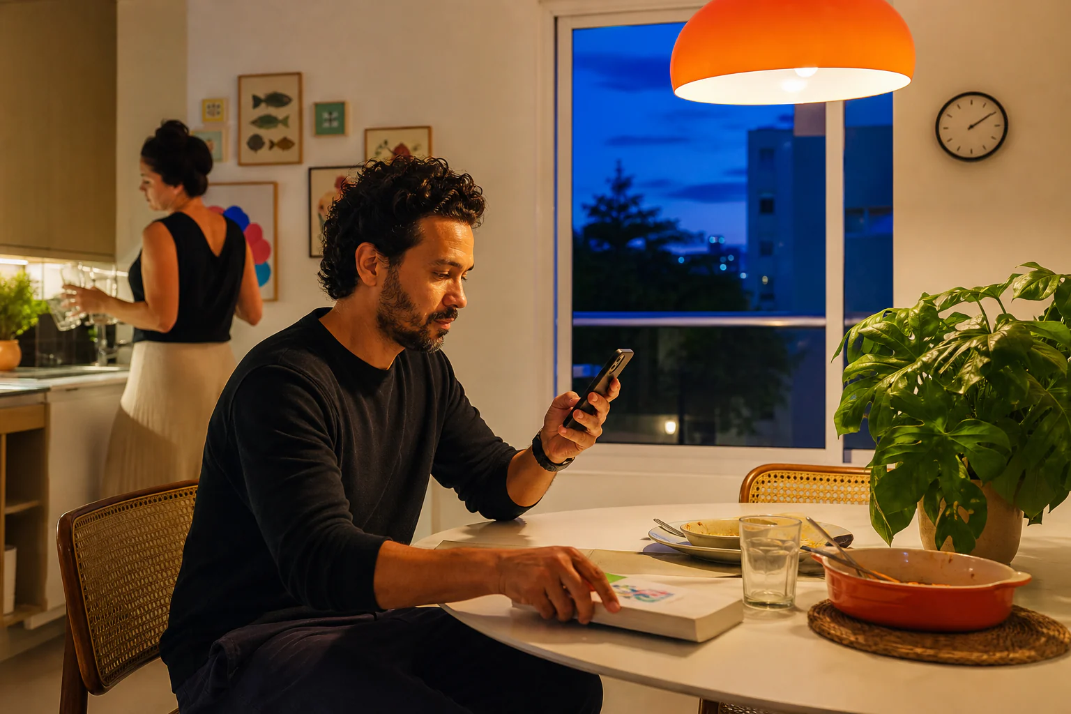 Homem sentado à mesa depois do jantar olha para o celular enquanto a parceira recolhe copos; pela janela, o céu ainda está azul e uma luminária laranja acende a cozinha.