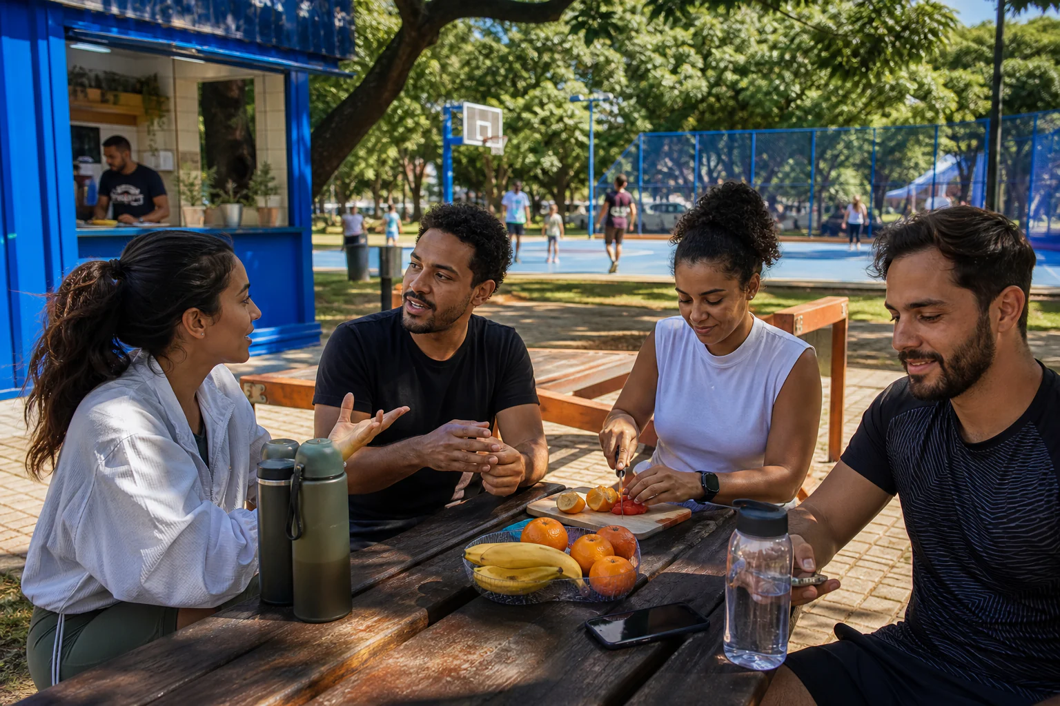 Quatro amigos conversam e preparam frutas em uma mesa de parque, diante de uma quadra azul; um telefone aparece virado para baixo perto de uma garrafa.