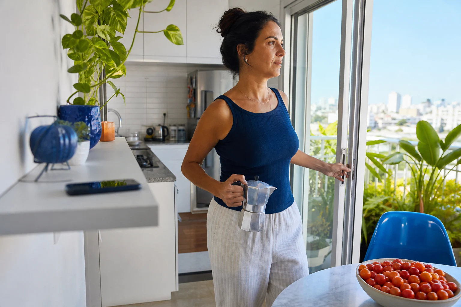 Mulher abre a porta da varanda com uma cafeteira italiana na mão em uma cozinha ensolarada; o celular está virado para baixo em uma bancada fora de alcance.