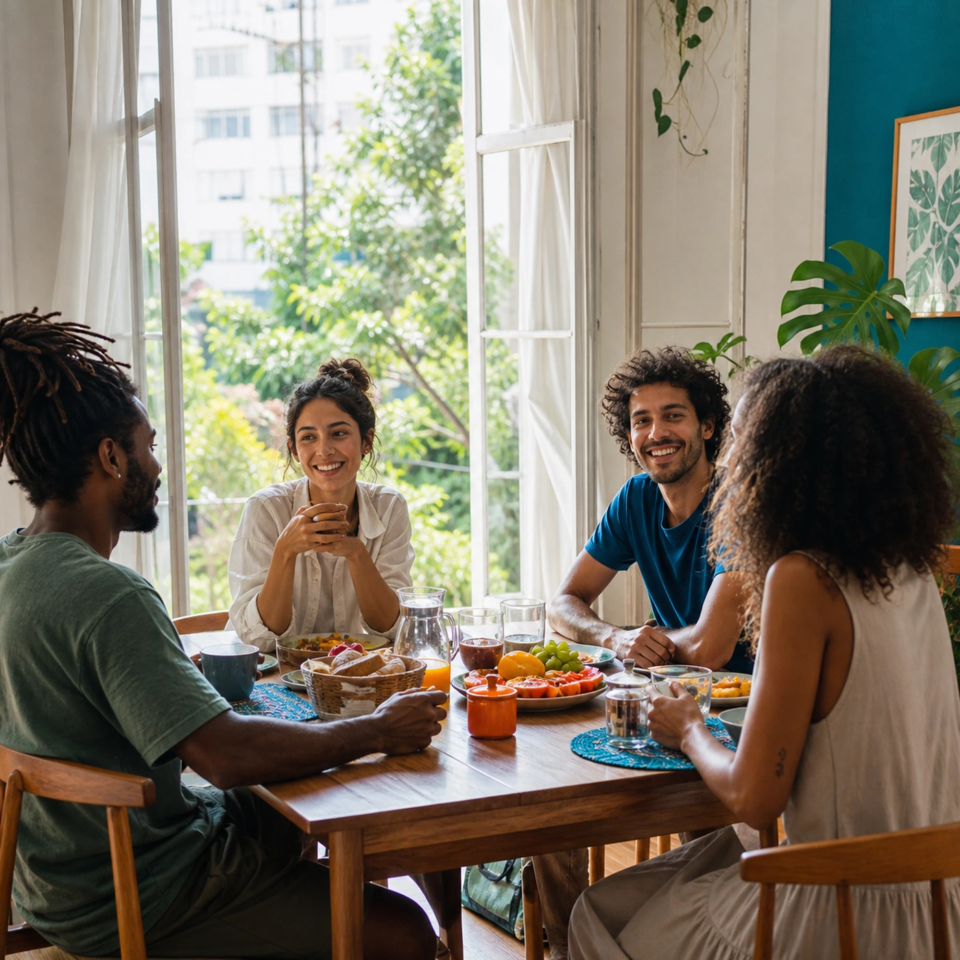 Quatro amigos tomam café da manhã em volta de uma mesa de madeira, num apartamento claro com as janelas abertas para as árvores e a cidade.