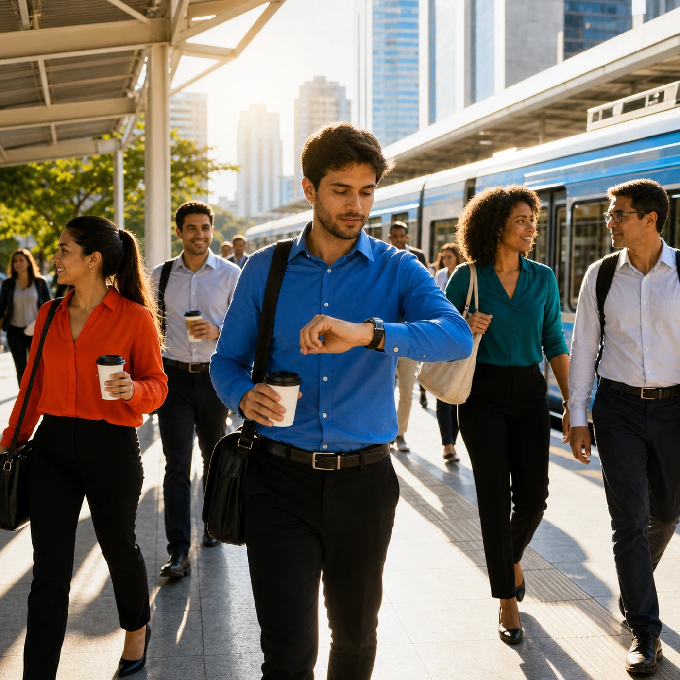 Um grupo de adultos caminha por uma estação ensolarada no início da manhã; ao centro, um homem de camisa azul olha o relógio enquanto leva um café.