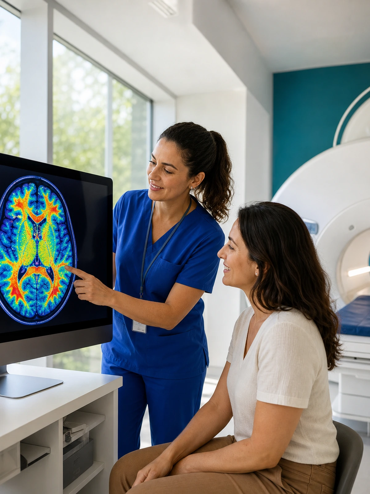 Uma técnica de neuroimagem mostra a uma participante uma imagem colorida do cérebro inteiro numa tela, numa sala clara com o aparelho de ressonância ao fundo.