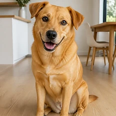 Cão caramelo olha para a câmera com expressão alegre.