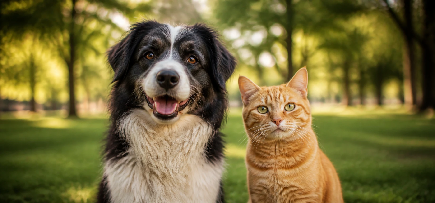 Num parque iluminado, um cão preto e branco está sentado ao lado de um gato laranja; os dois olham para a câmera sobre a grama, com árvores ao fundo.