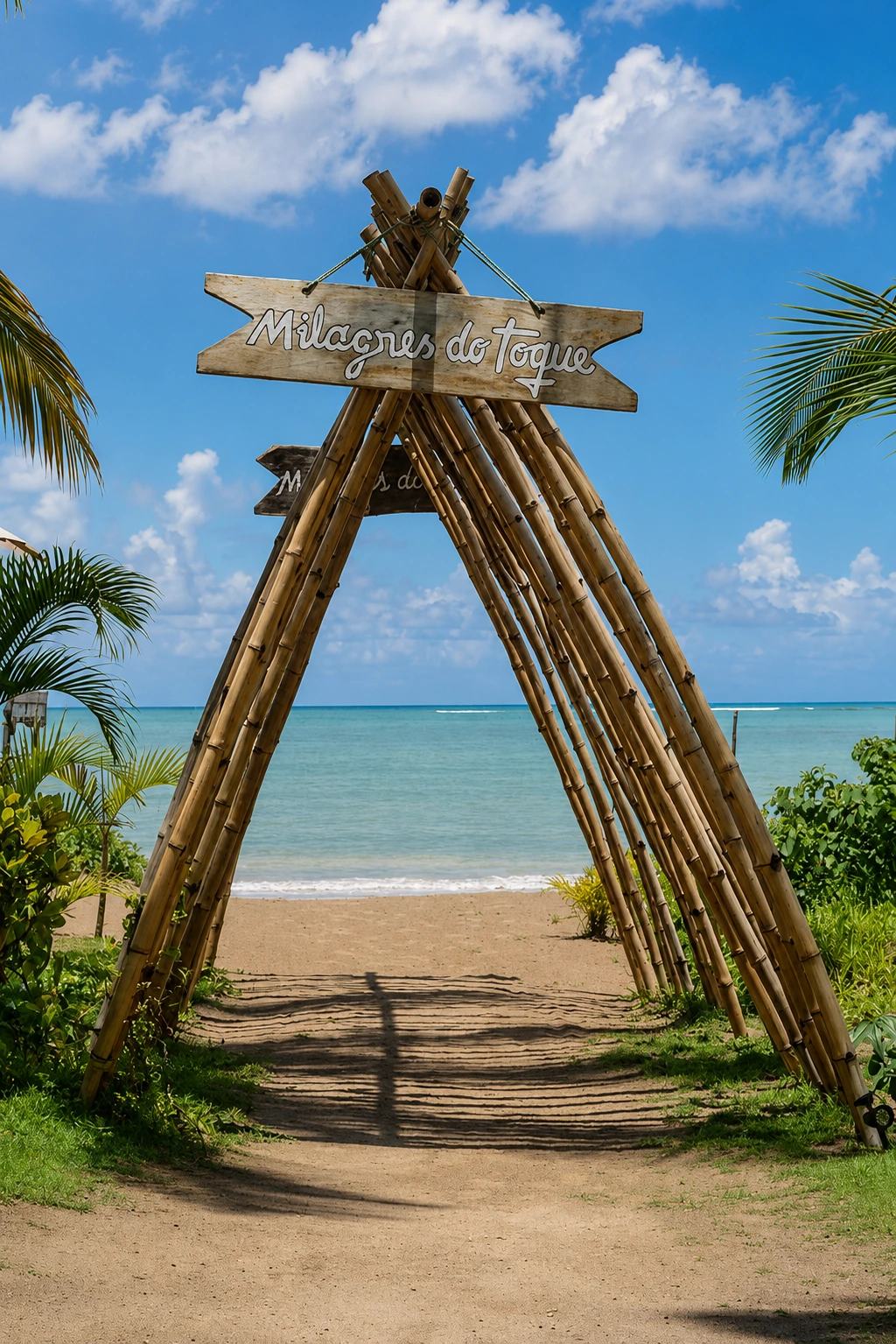 Um portal de bambu em forma de triângulo alto, com uma placa de madeira escrita «Milagres do Toque», aberto sobre um caminho de areia que desce até o mar esverdeado, entre coqueiros.