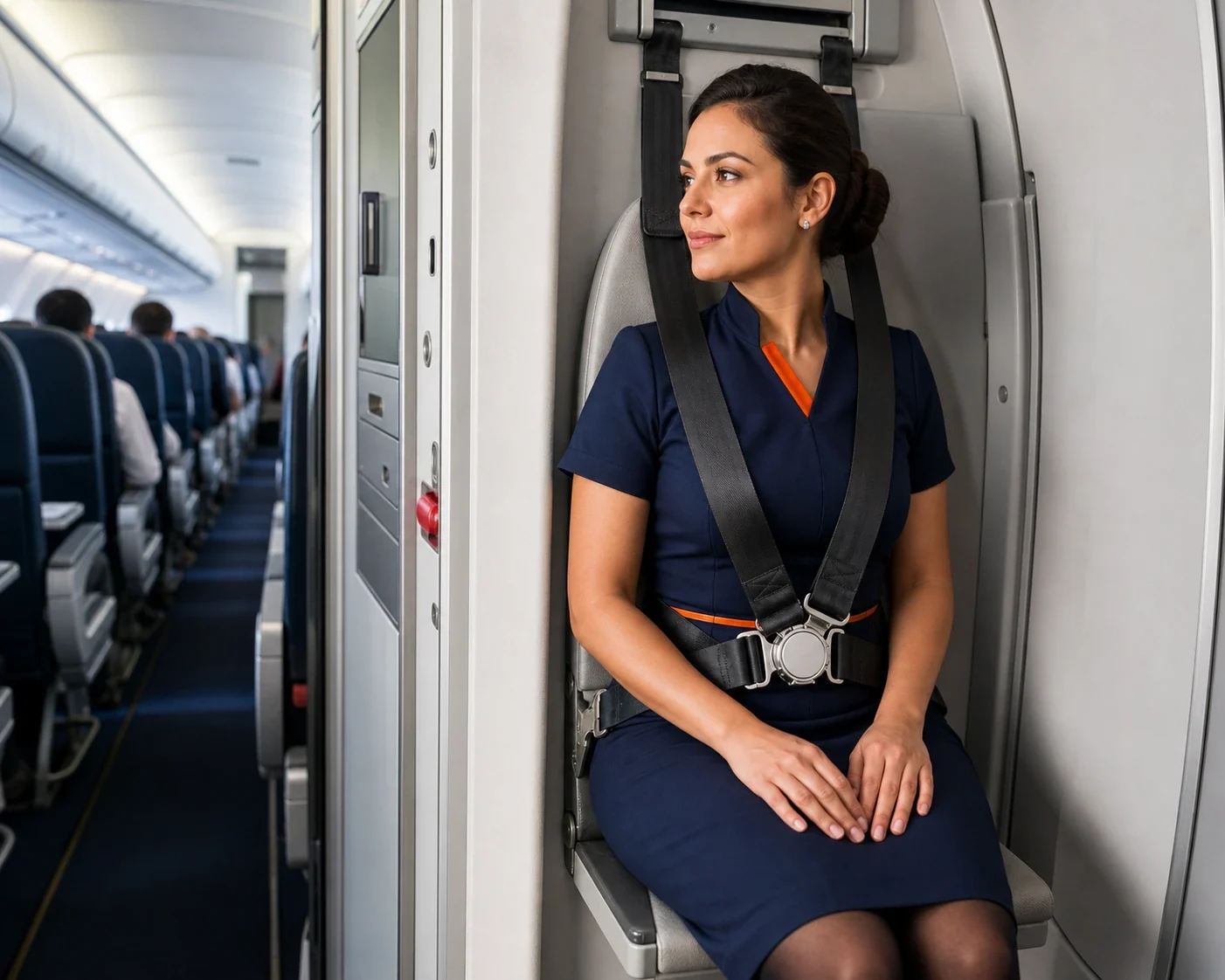 Comissária sentada e afivelada no assento auxiliar de uma aeronave.