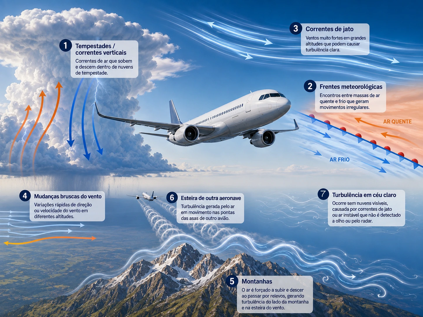 Infográfico com sete origens de turbulência numeradas: tempestades e correntes verticais, frentes meteorológicas, correntes de jato, mudanças bruscas do vento, montanhas, esteira de outra aeronave e turbulência em céu claro.