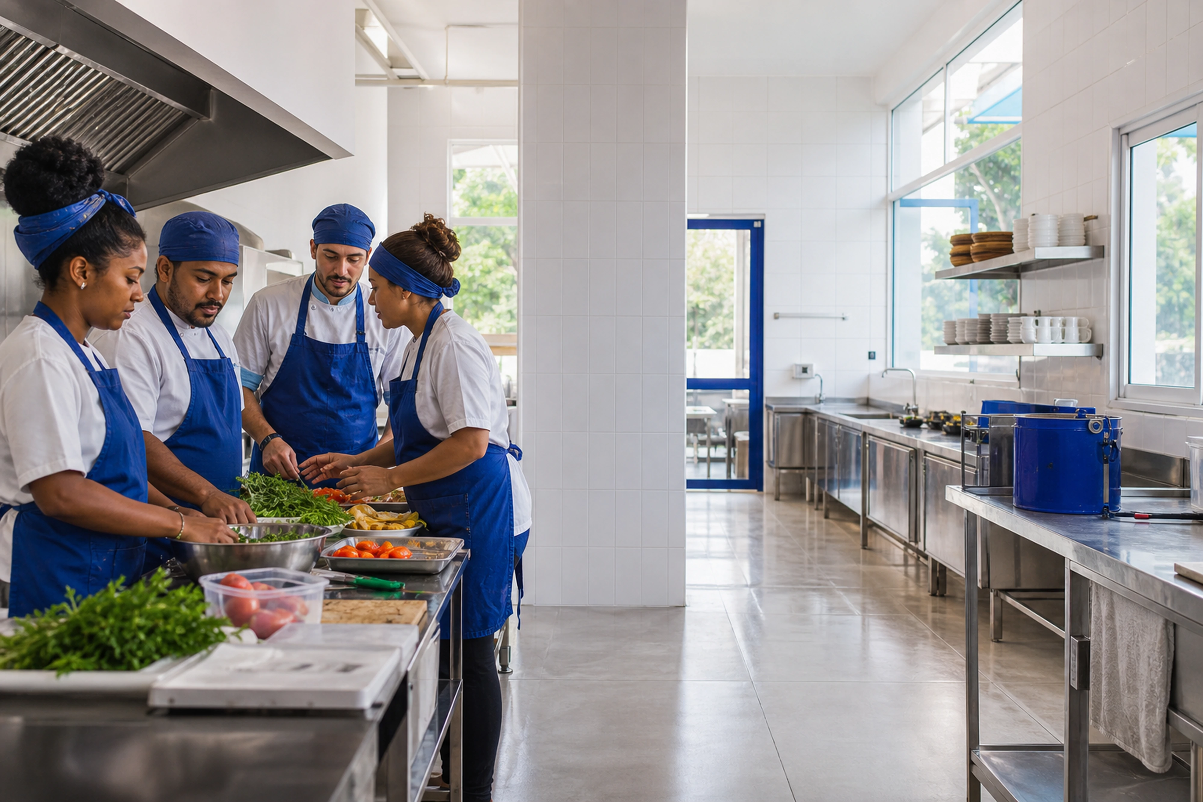 Quatro profissionais de touca e avental azuis preparam legumes na bancada de aço de uma cozinha industrial.