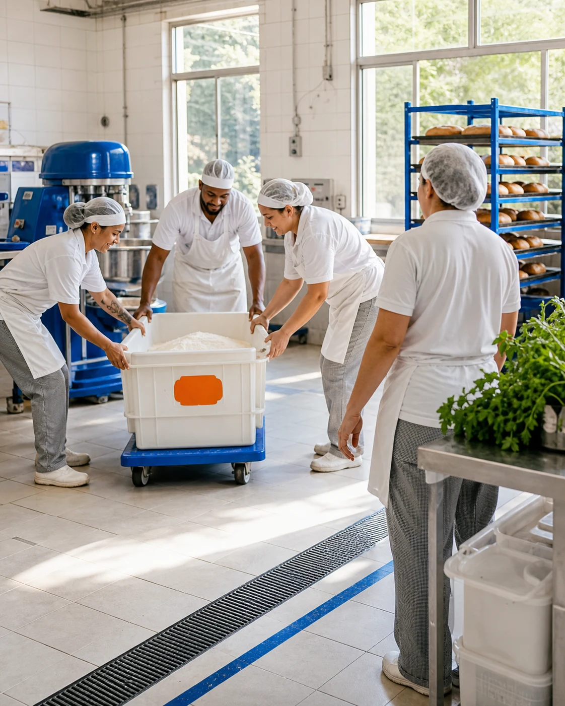 Equipe de uma padaria move coletivamente um recipiente de ingredientes para uma base com rodas, liberando o caminho de trabalho.