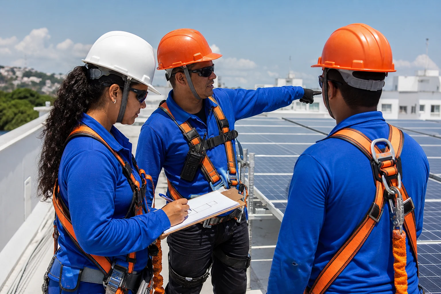 Supervisora e dois instaladores revisam com segurança a sequência de trabalho num telhado com painéis solares.