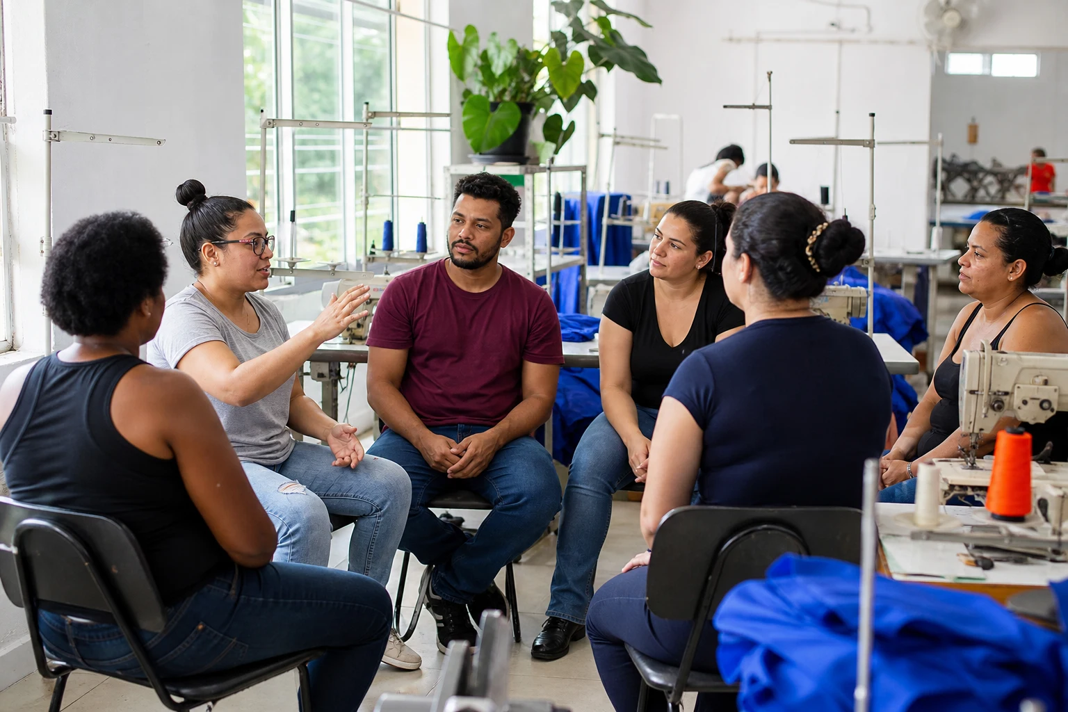 Trabalhadores de uma confecção conversam em círculo entre as máquinas de costura, em ambiente claro.