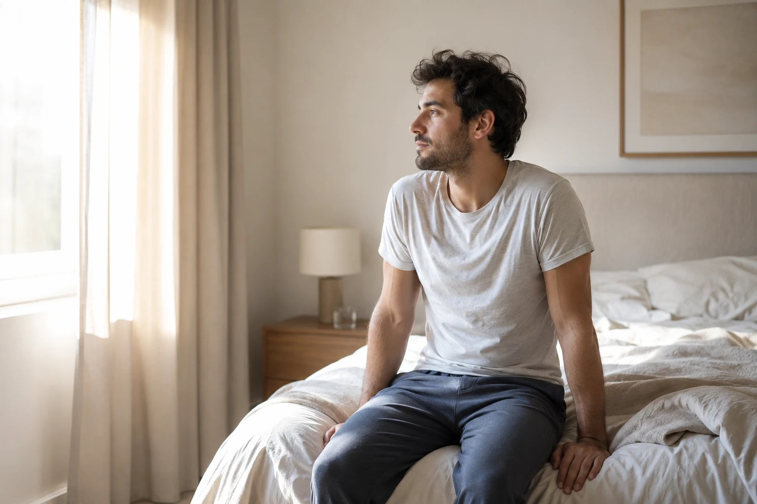 Um homem sentado na beira da cama pela manhã olha pela janela iluminada; o quarto está claro e os lençóis ainda estão desfeitos.