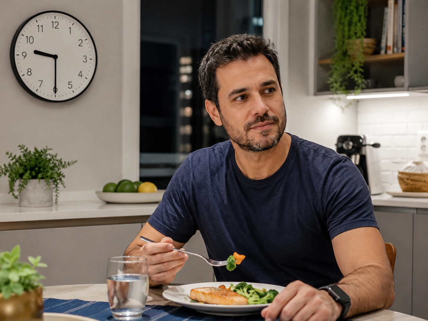 Um homem de camiseta azul janta sozinho à mesa da cozinha, com o garfo a caminho da boca e um prato de peixe com brócolis à frente; na parede atrás dele, um relógio marca nove e meia, e a janela mostra a cidade já escura.